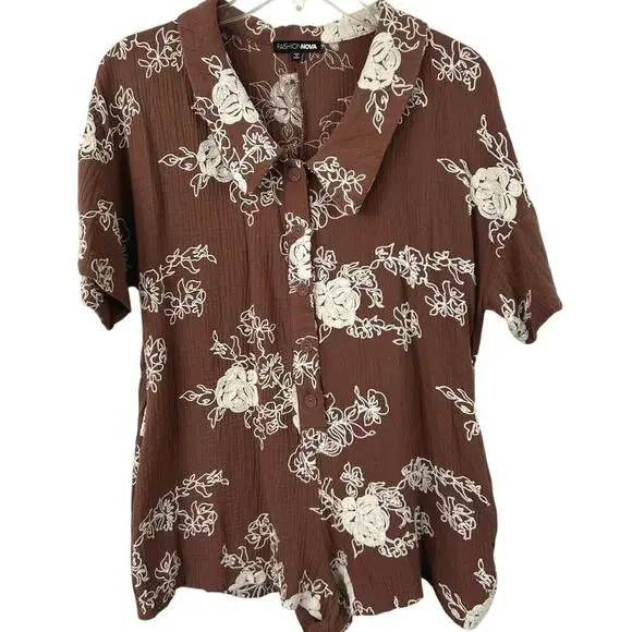Fashion Nova Floral Romper Brown Boho Vacation Resort Wear Shorts Romper XS - Picture 2 of 10